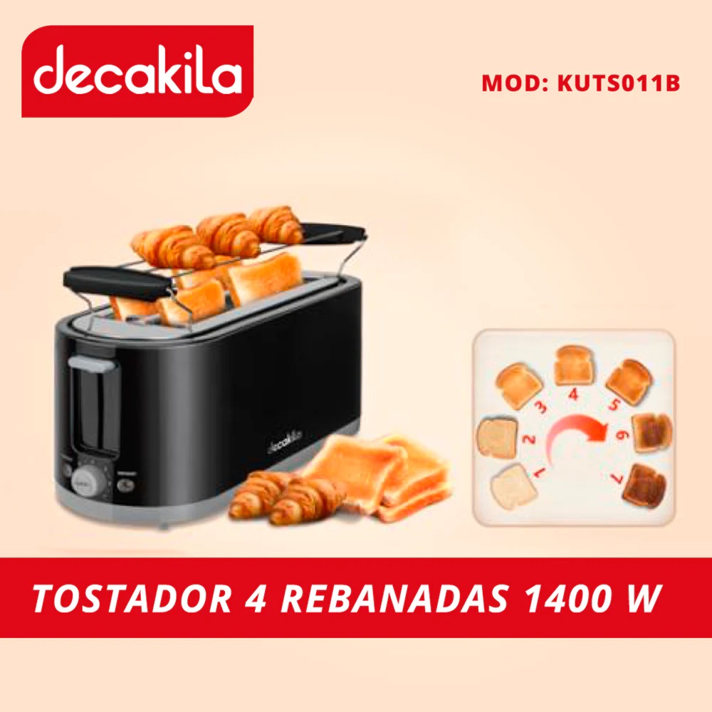 TOSTADORA DE PAN 4 REBANADAS CON PARILLA 1400W DECAKILA KUTS011B NEGRO