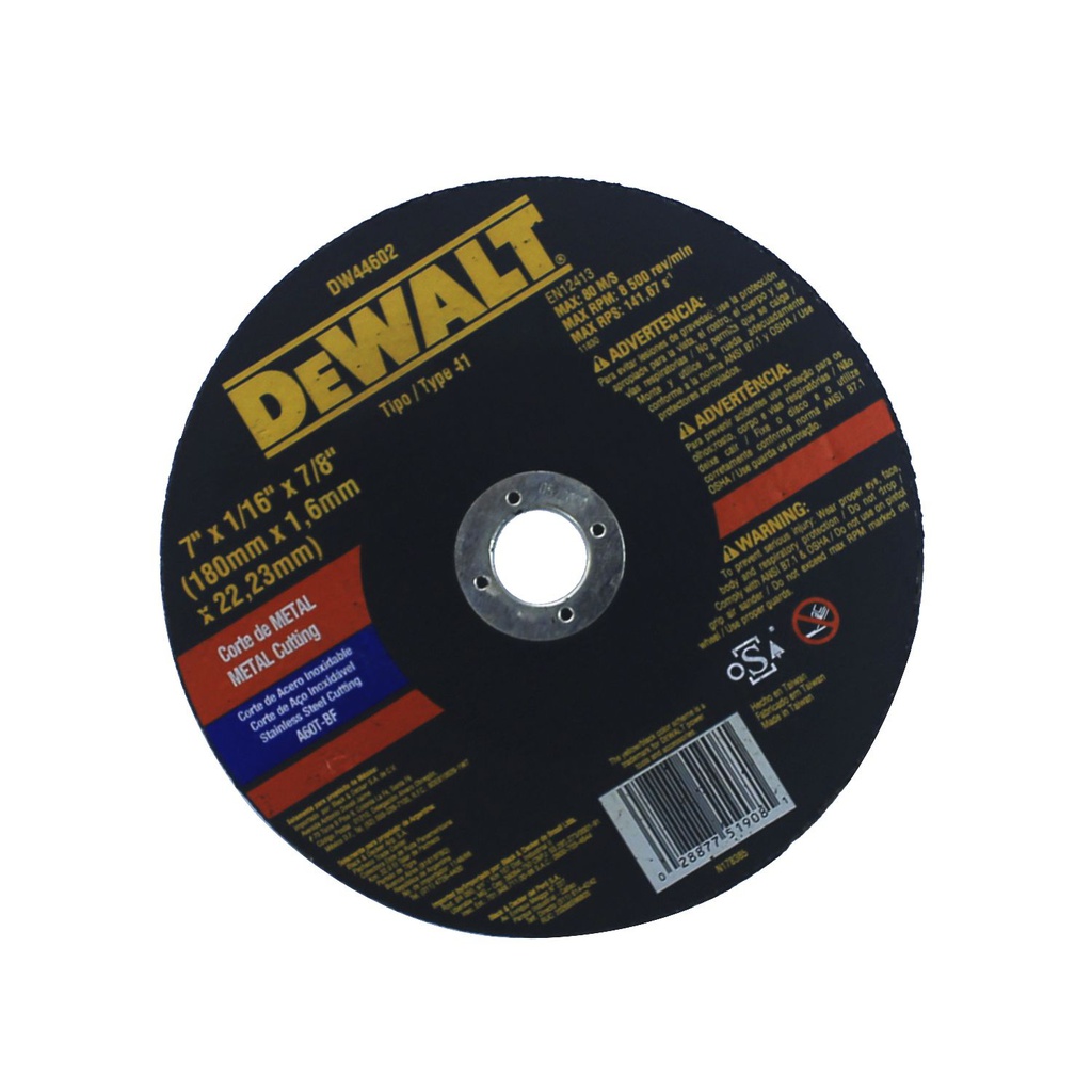 Disco cortar metal 7x1/16x7/8" dewalt dw44602