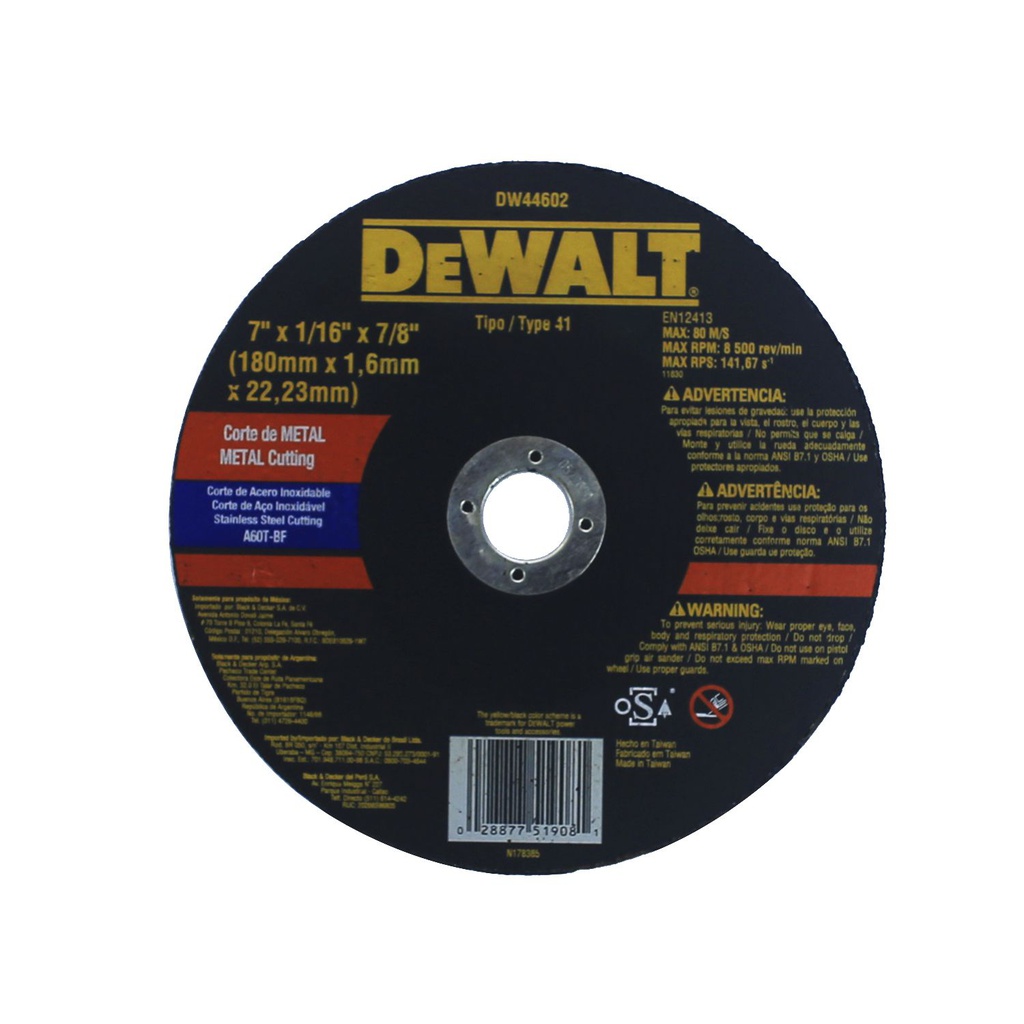 Disco cortar metal 7x1/16x7/8" dewalt dw44602