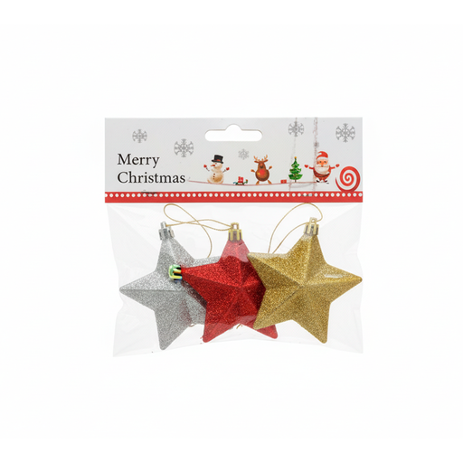 [124154] Adorno navideño estrella colgar 3pc 7cm varios colores